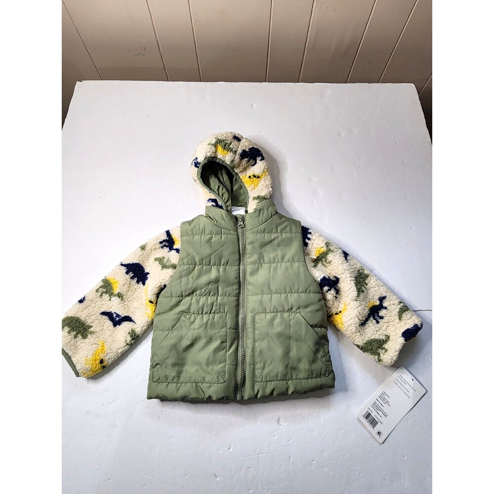 Berkley Jensen 2pc Fleece Jacket & Puffer Vest Set Boys 2T Green Dino Print